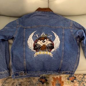 “Taz Angel” Denim jacket w/Leather collar, Sz LG